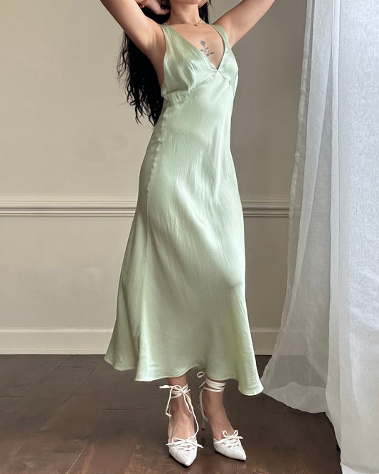 Fairy goddess soft green maxi slip dress featuring deep v neckline