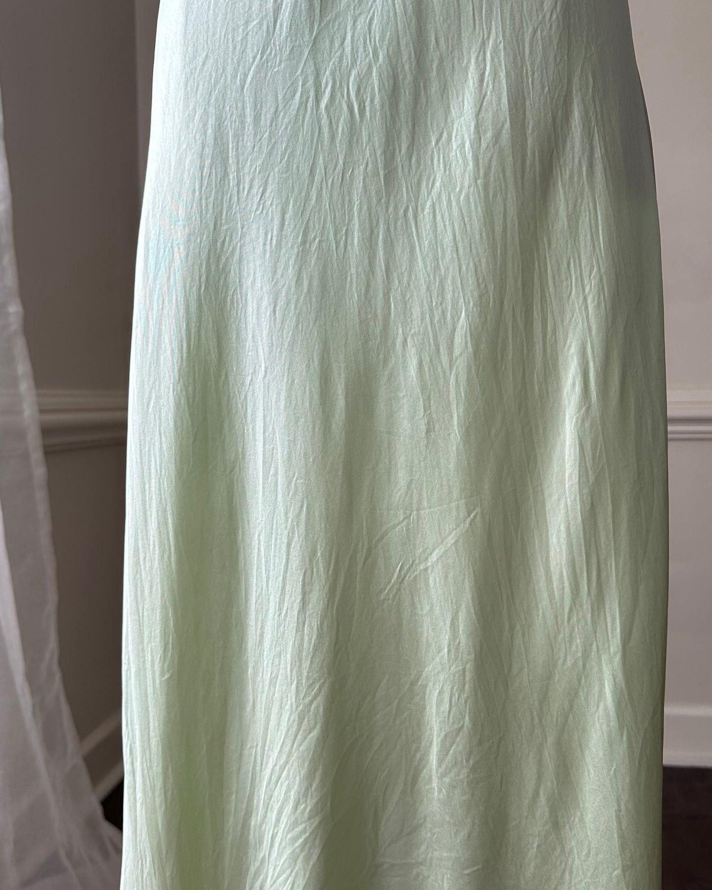 Fairy goddess soft green maxi slip dress featuring deep v neckline