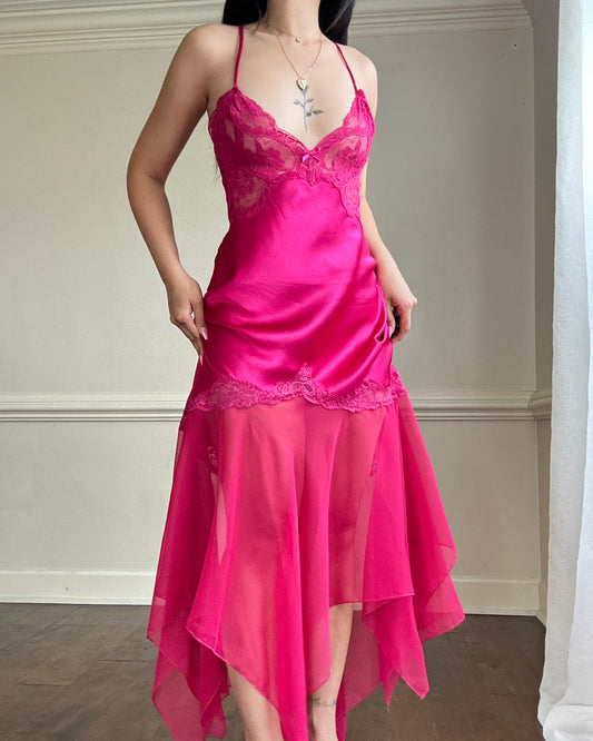 Sultry Hot Pink Slip Dress featuring Floral Laced Bustier with Satin Bodice