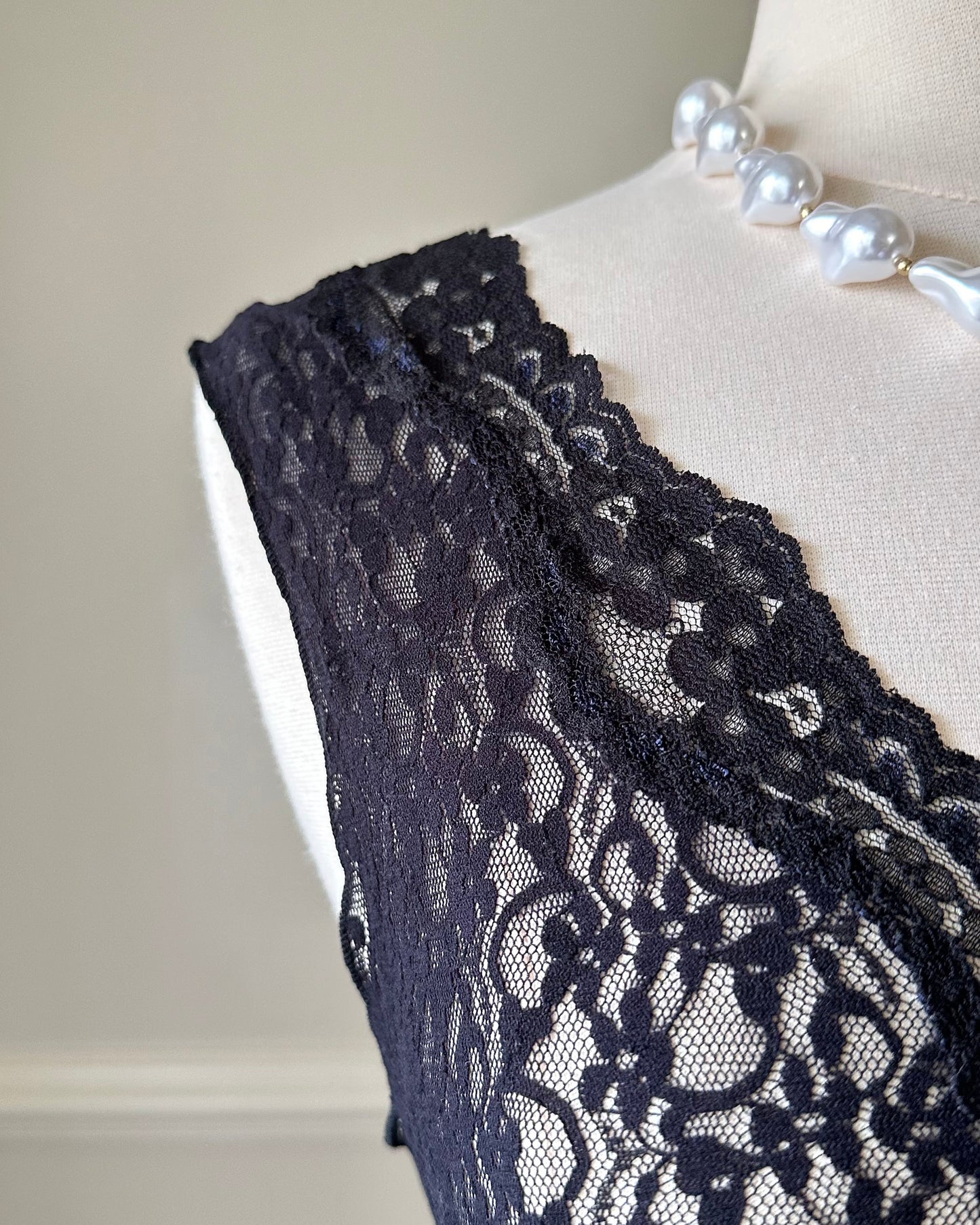 Dark Feminine Midi Dress featuring Complete Sheer Lace Bodice