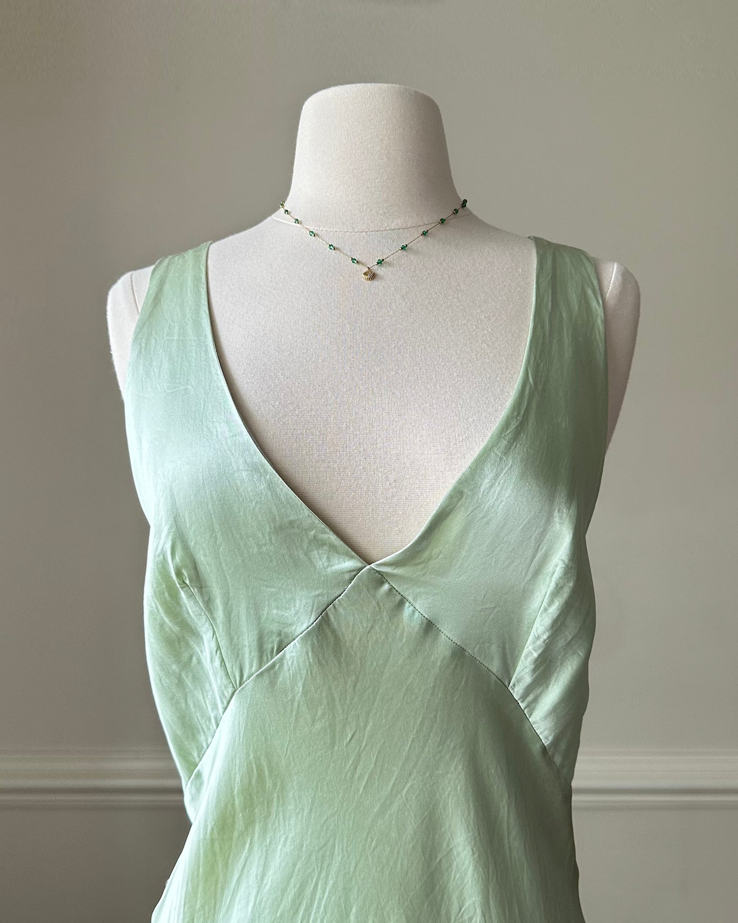 Fairy goddess soft green maxi slip dress featuring deep v neckline