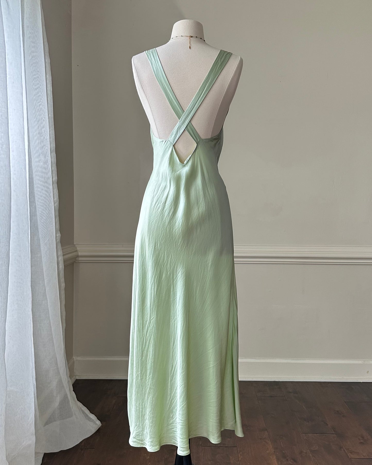 Fairy goddess soft green maxi slip dress featuring deep v neckline