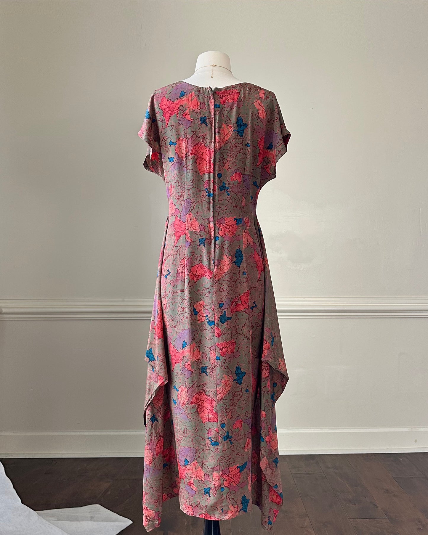 Vintage tunic-like silk dress featuring unique pattern with layered skirt