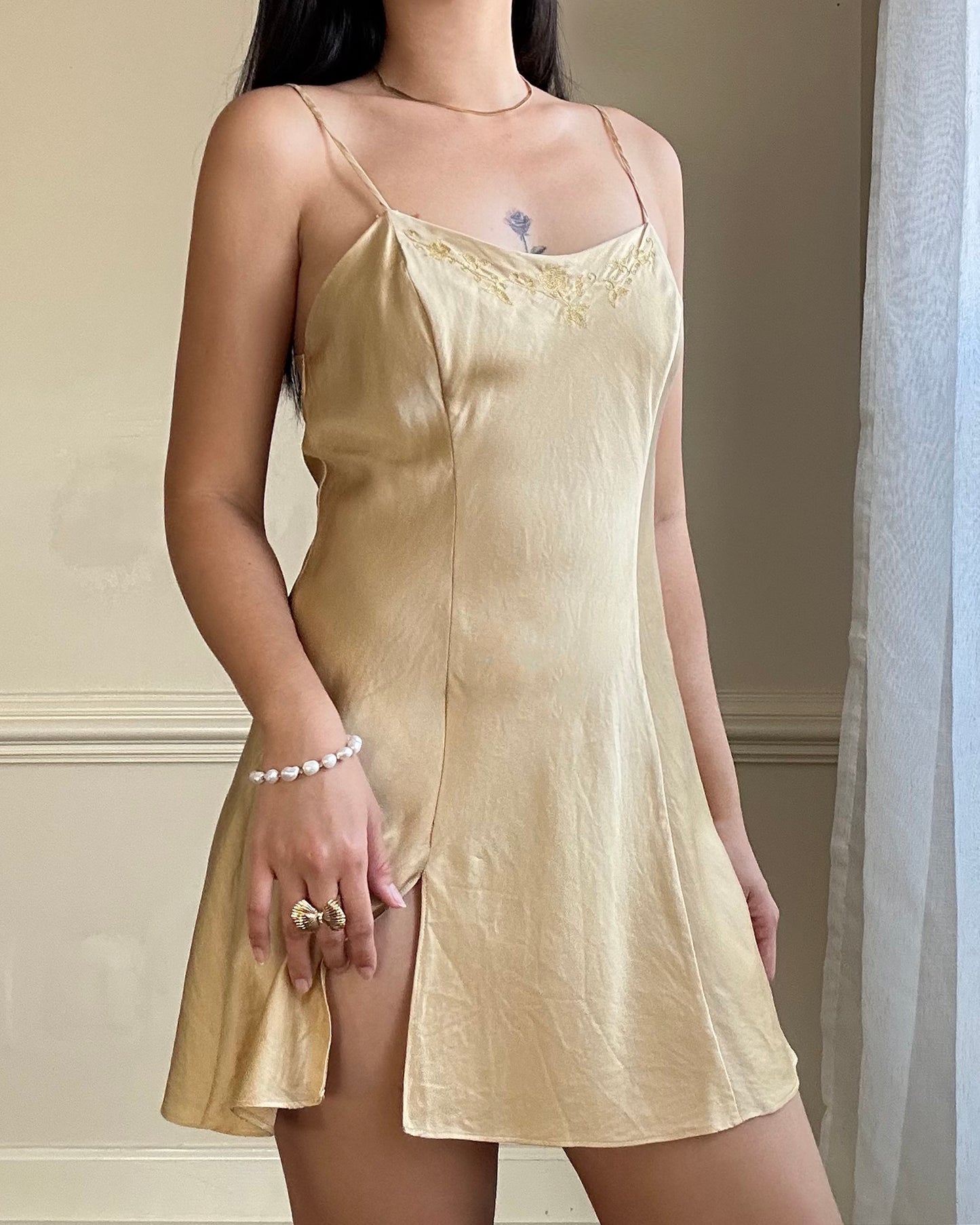 Victoria’s Secret Golden Silky Slip Dress featuring Gold Threads Embroidery Details