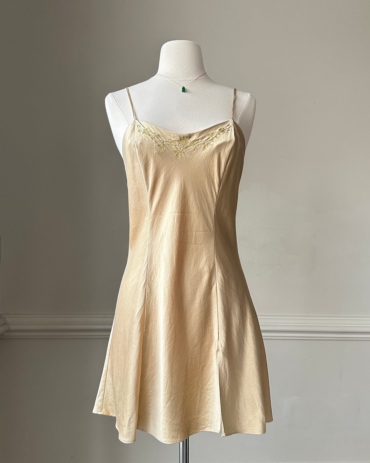 Victoria’s Secret Golden Silky Slip Dress featuring Gold Threads Embroidery Details