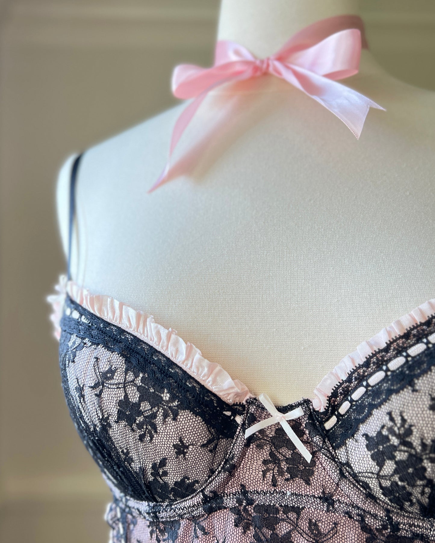 Victoria’s Secret Milkmaid Black & Pink featuring Embossed Floral Embroidery Slips