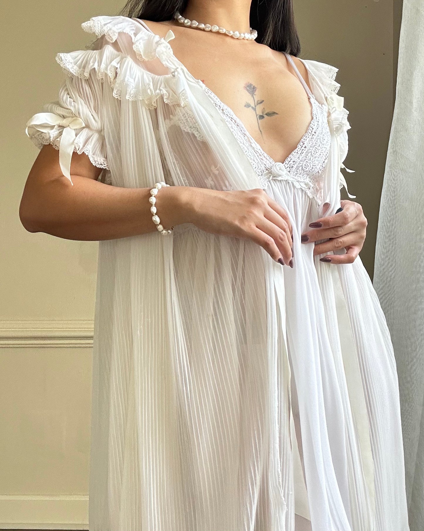 Victorian Inspired Sheer White Robes featuring Double Layered Ruffles Collar