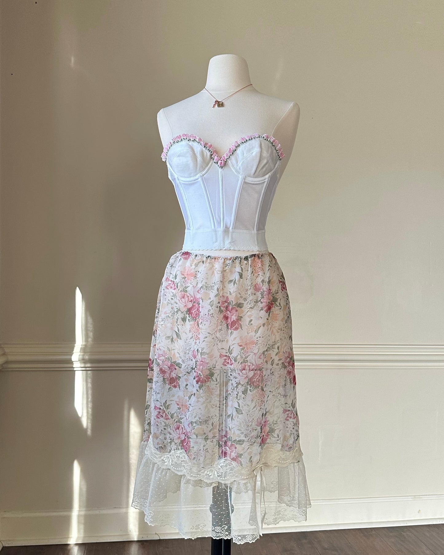 Dreamy Sheer Vintage Floral Dress featuring Rose Garden Prints with Soft Lace Skirt