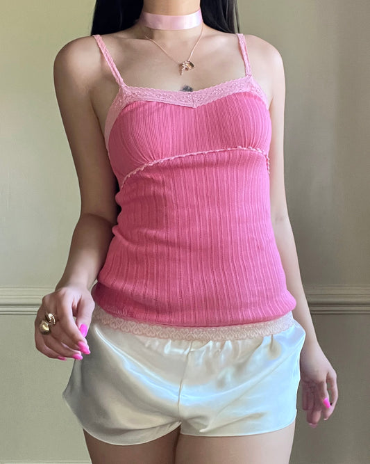 ༄ Barbizon Bubblegum Pink Ribbed Camisole featuring Laced Trimmings