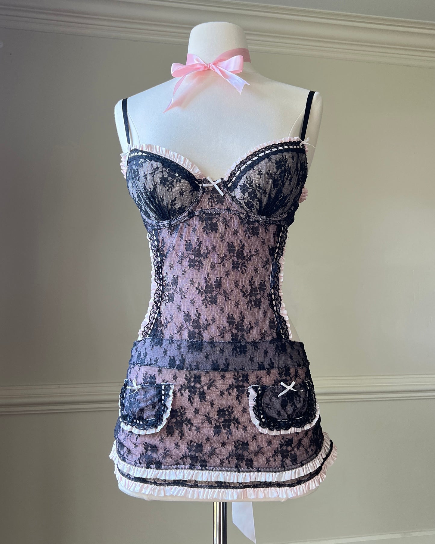 Victoria’s Secret Milkmaid Black & Pink featuring Embossed Floral Embroidery Slips