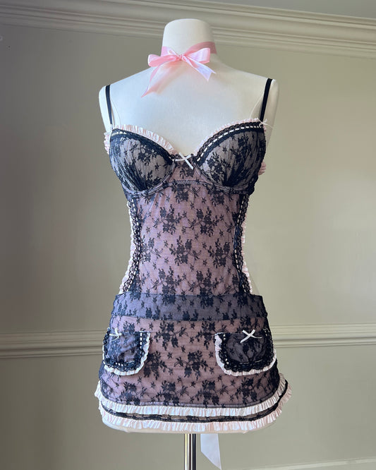 Victoria’s Secret Milkmaid Black & Pink featuring Embossed Floral Embroidery Slips