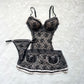 Victoria’s Secret Milkmaid Black & Cream Matching Set featuring Embossed Floral Embroidery Slips