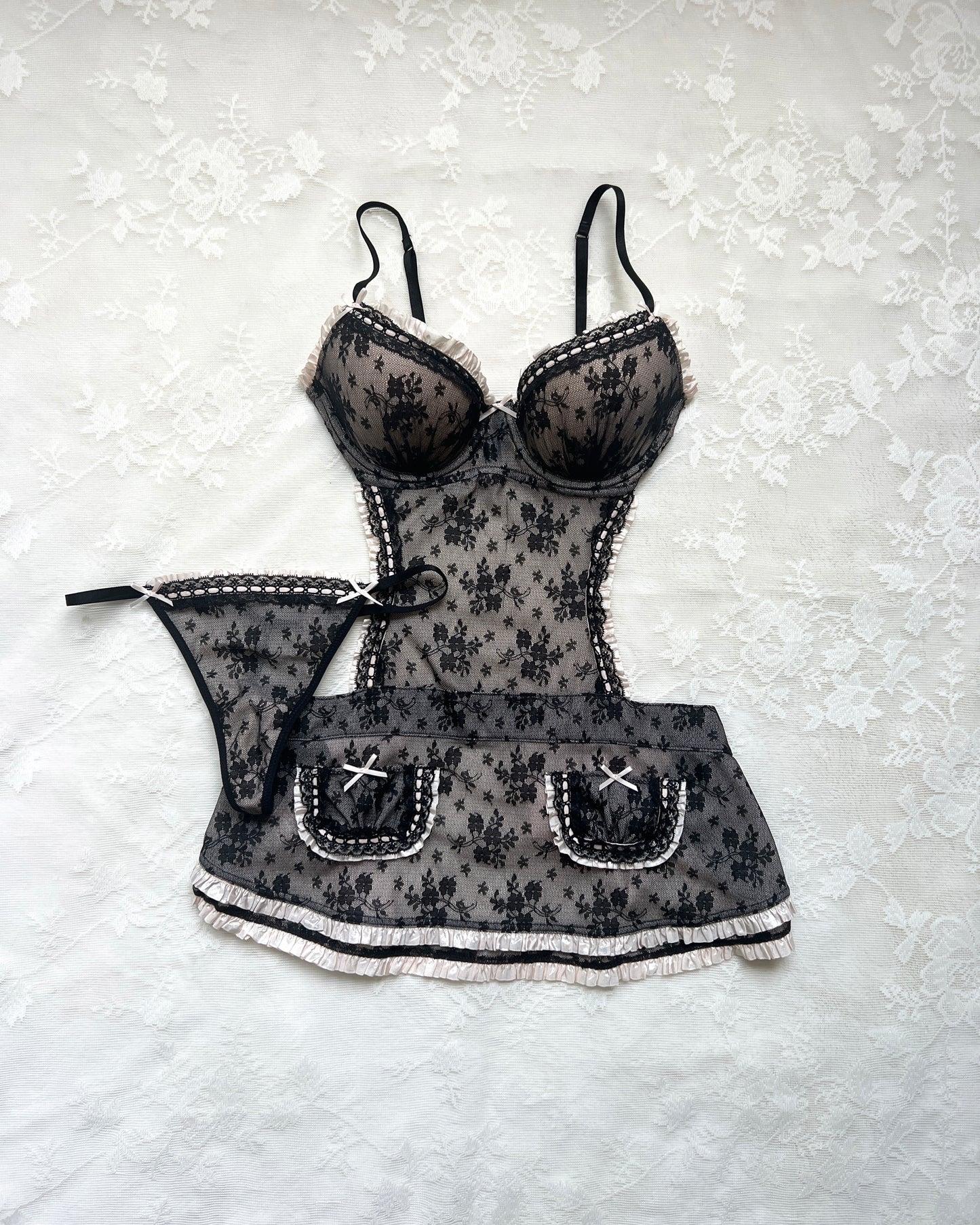 Victoria’s Secret Milkmaid Black & Cream Matching Set featuring Embossed Floral Embroidery Slips