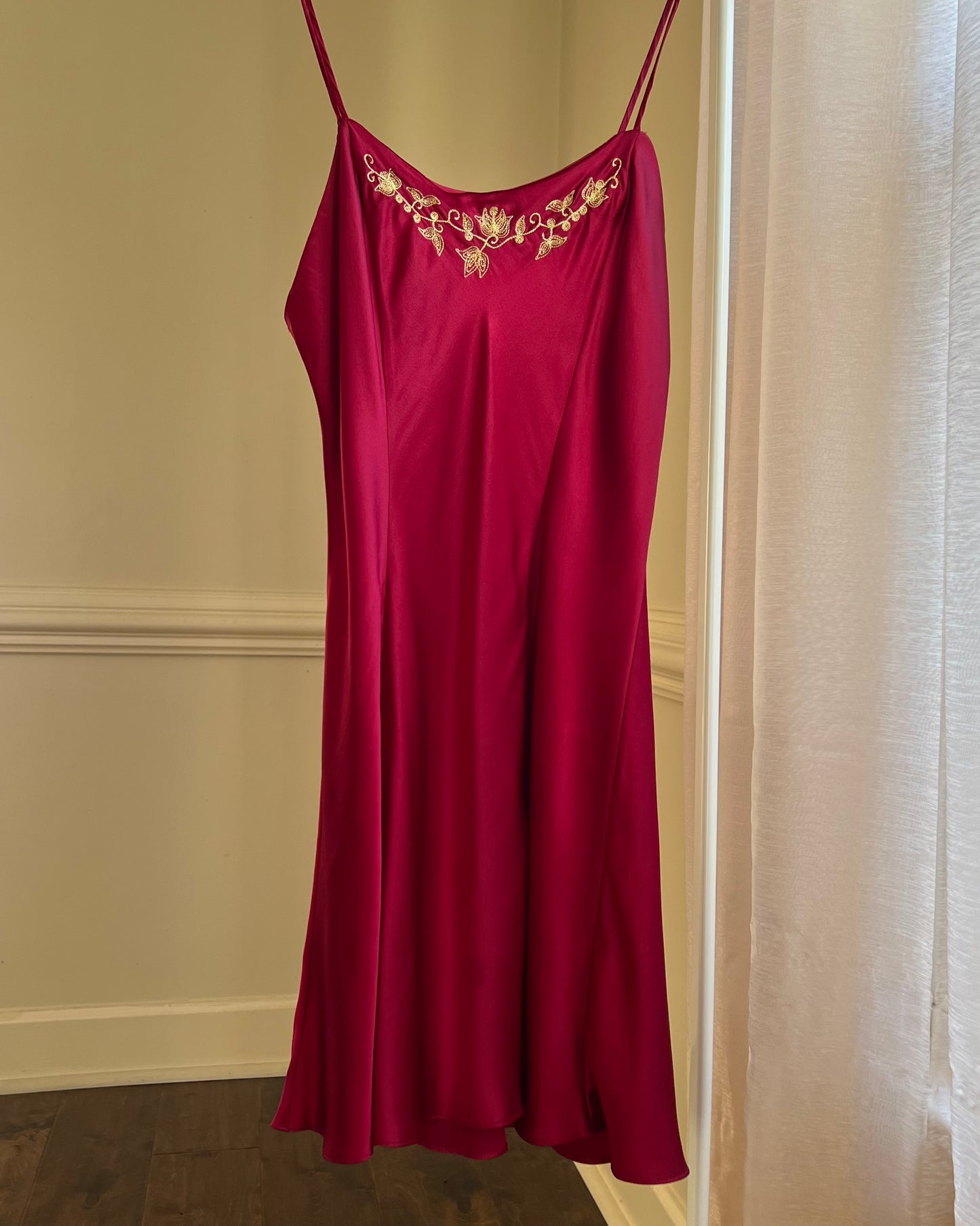 Victoria’s Secret Ruby Red Satin Slip Dress features Embroidered Floral Gold