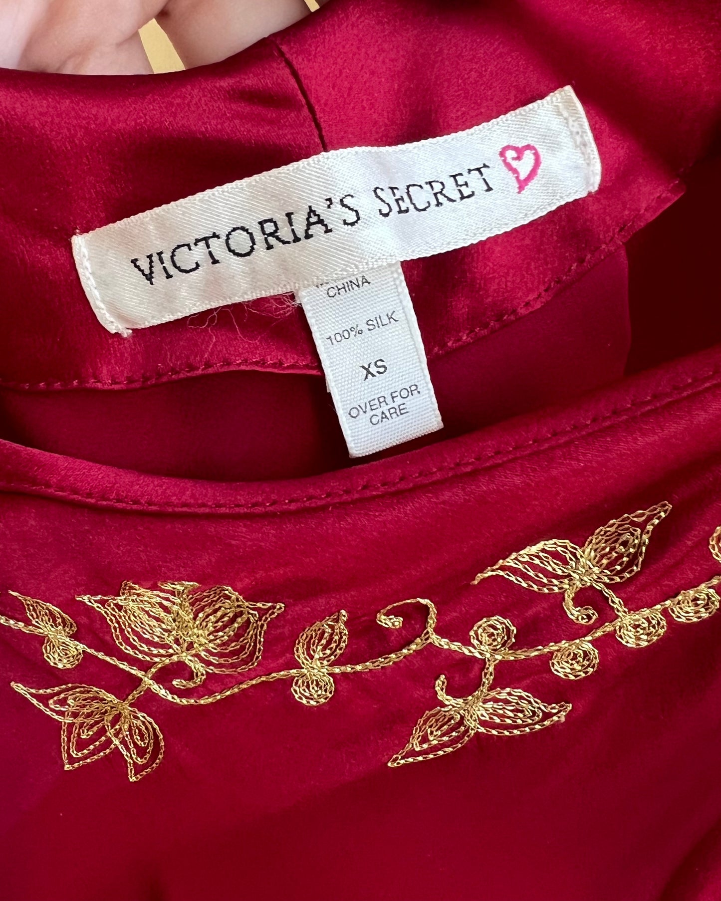 Victoria’s Secret Ruby Red Satin Slip Dress features Embroidered Floral Gold