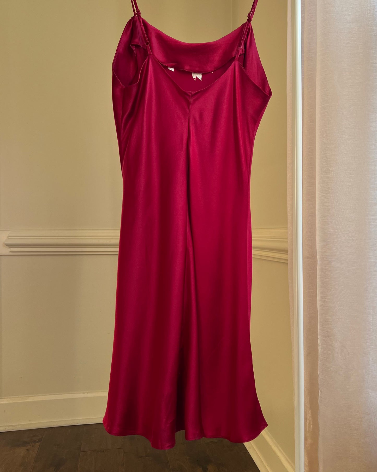 Victoria’s Secret Ruby Red Satin Slip Dress features Embroidered Floral Gold