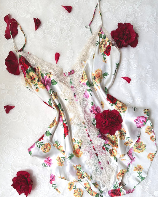 Victoria’s Secret’s Feminine Satin Bodysuit featuring Vibrant Floral Prints