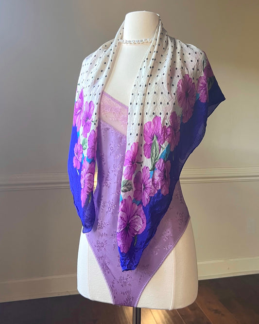 Luxury Vintage Valentino Silk Scarf with Purple Flowers Details