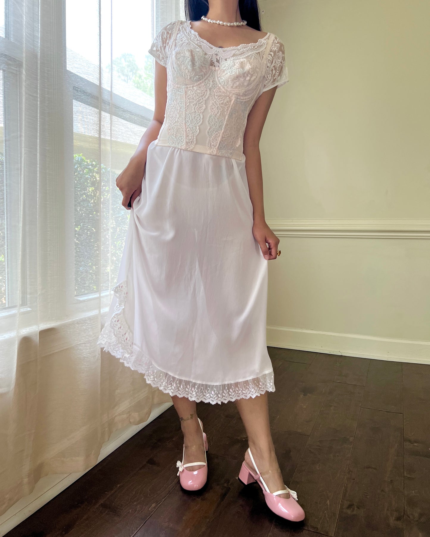 Victorian Inspired Japanese Nightgown in Vintage White featuring Delicate Embroidery