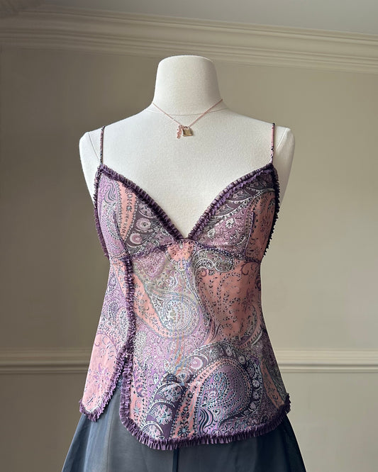 Sheer Mesh Camisole in Maroon featuring Paisley Pattern with Ruffled Trimmings