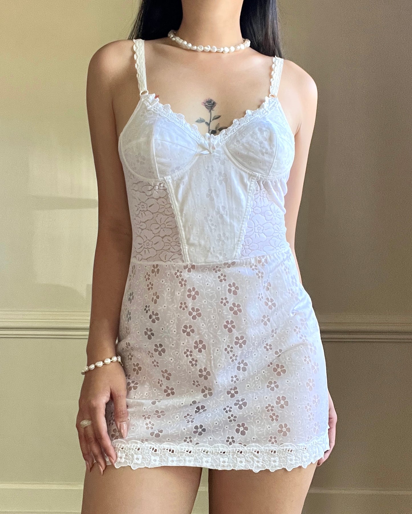 Adorable Princess Cotton Slip Dress featuring Sheer Daisy Embroidery