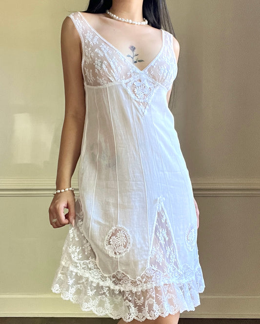 Ethereal Soft Sheer Linen Slip Dress featuring Laced Floral Embroidery