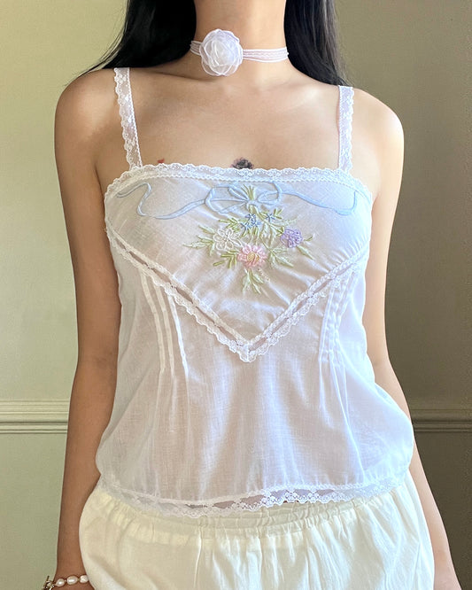 Soft Linen Camisole in Sheer Whitefeaturing Flower Bouquet Embroidery