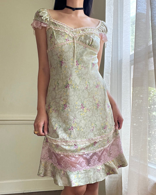 Sage Green Victorian inspired Midi Dress featuring Vintage Brocade Pattern