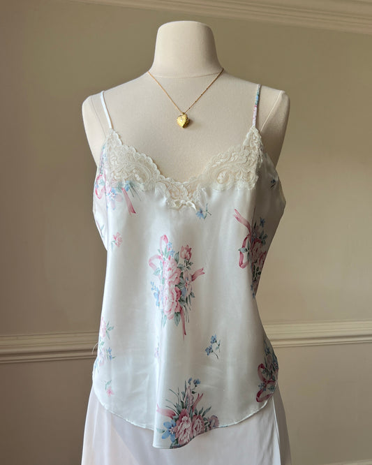 Vintage Satin Camisole in Pearl Ivory featuring Rose Bouquets Prints with Lace Bustier