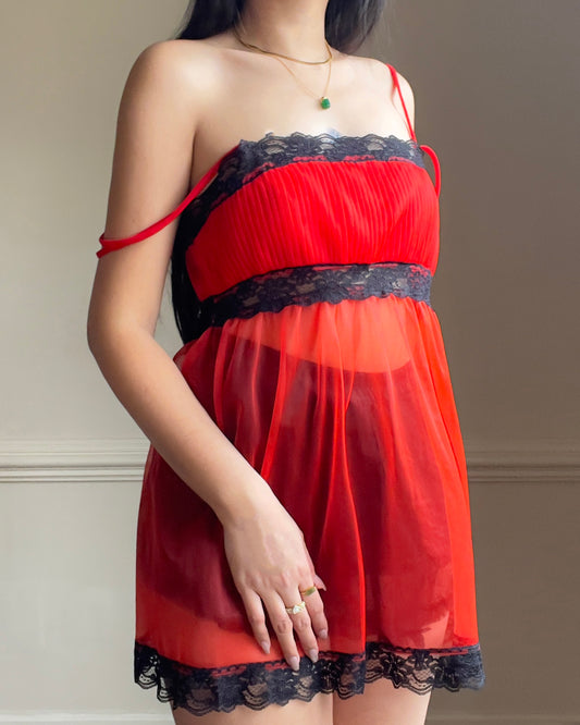 Red Sheer Chiffon Camisole featuring Black Floral Lace