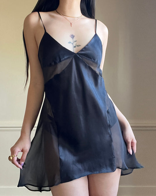 Victoria’s Secret Black Satin Dlip Dress featuring Sheer Mesh Cutout