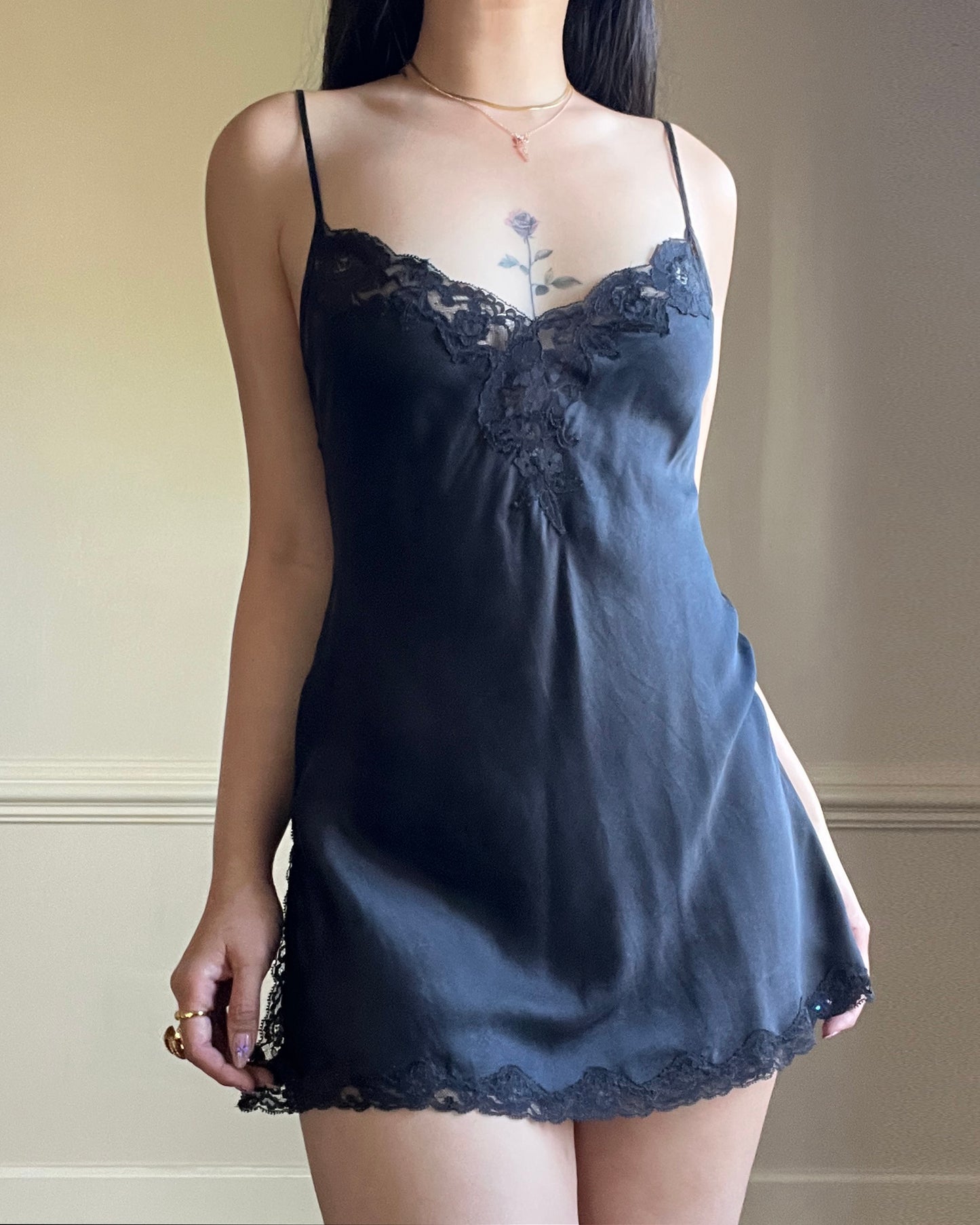 Victoria’s Secret Sultry Slack Satin Slip Dress featuring Floral Lace Trimmings