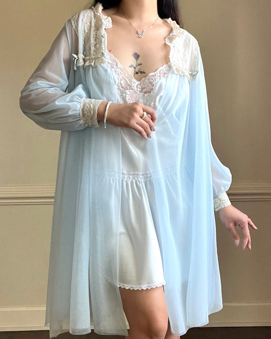 Vintage 80’s Baby Blue Chiffon Robe featuring Sheer Cream Floral Embroidery