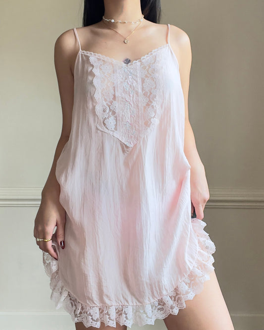 Victorian Era Inspired Rayon Babydoll Dress in Blush Pink featuring Intricate Lace Details