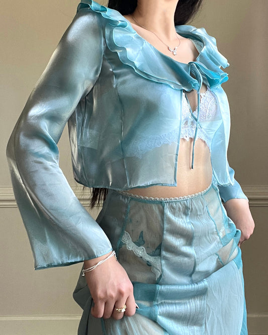 Iridescent Mermaidcore Cropped Organza in Teal Blue