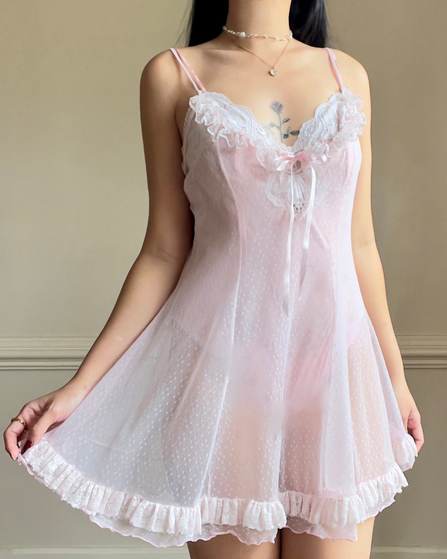Super Cute Sheer Veil-like Laced Babydoll Slip featuring Adorable Ruffle Trimming