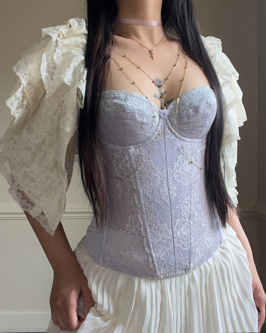 80’s Vintage Lavender Corset featuring Floral Lace Embroidery