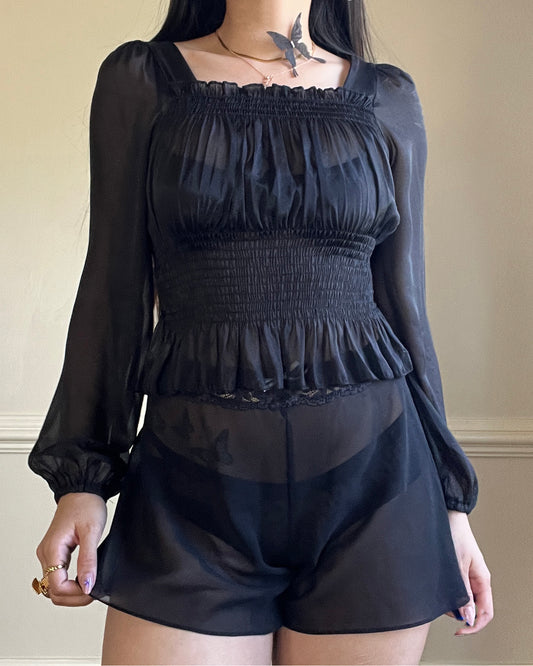 Sheer Black Organza Cropped Top featuring Pleated Fabric