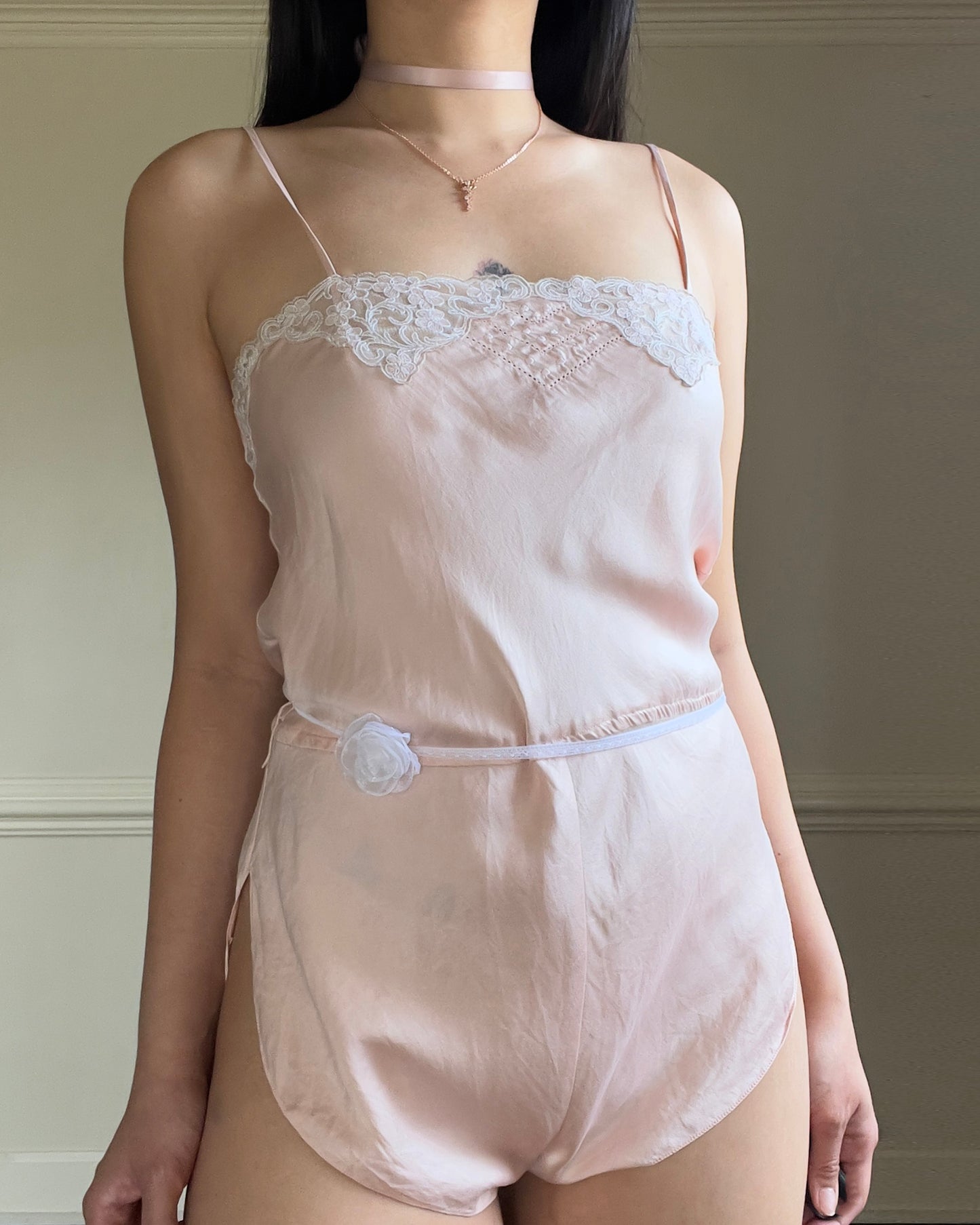 Vintage 1920’s Style Blushed Teddy Romper featuring Delicate Floral Lace Details