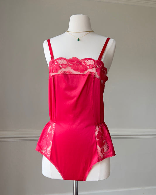 Sultry Winter Red Satin Bodysuit featuring Flower Petal Laced Bustier