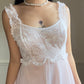 Vanity Fair’s Feminine Cottagecore Sheer Midi Slip featuring Floral Lace Bodice