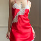 Stunning Satin Red Silk Slip Dress featuring Paisley Lace Cutout