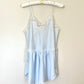 Vintage Pastel Blue Satin Romper featuring Rose Embroidery and Lace Trimmings