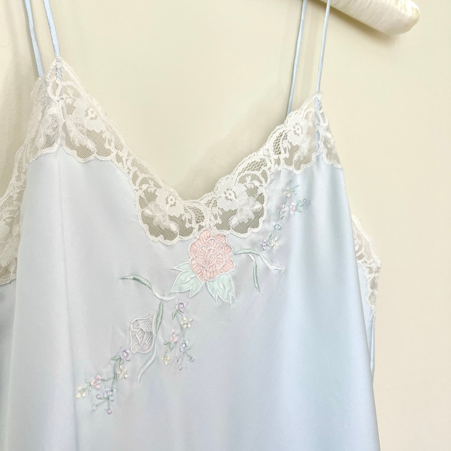 Vintage Pastel Blue Satin Romper featuring Rose Embroidery and Lace Trimmings