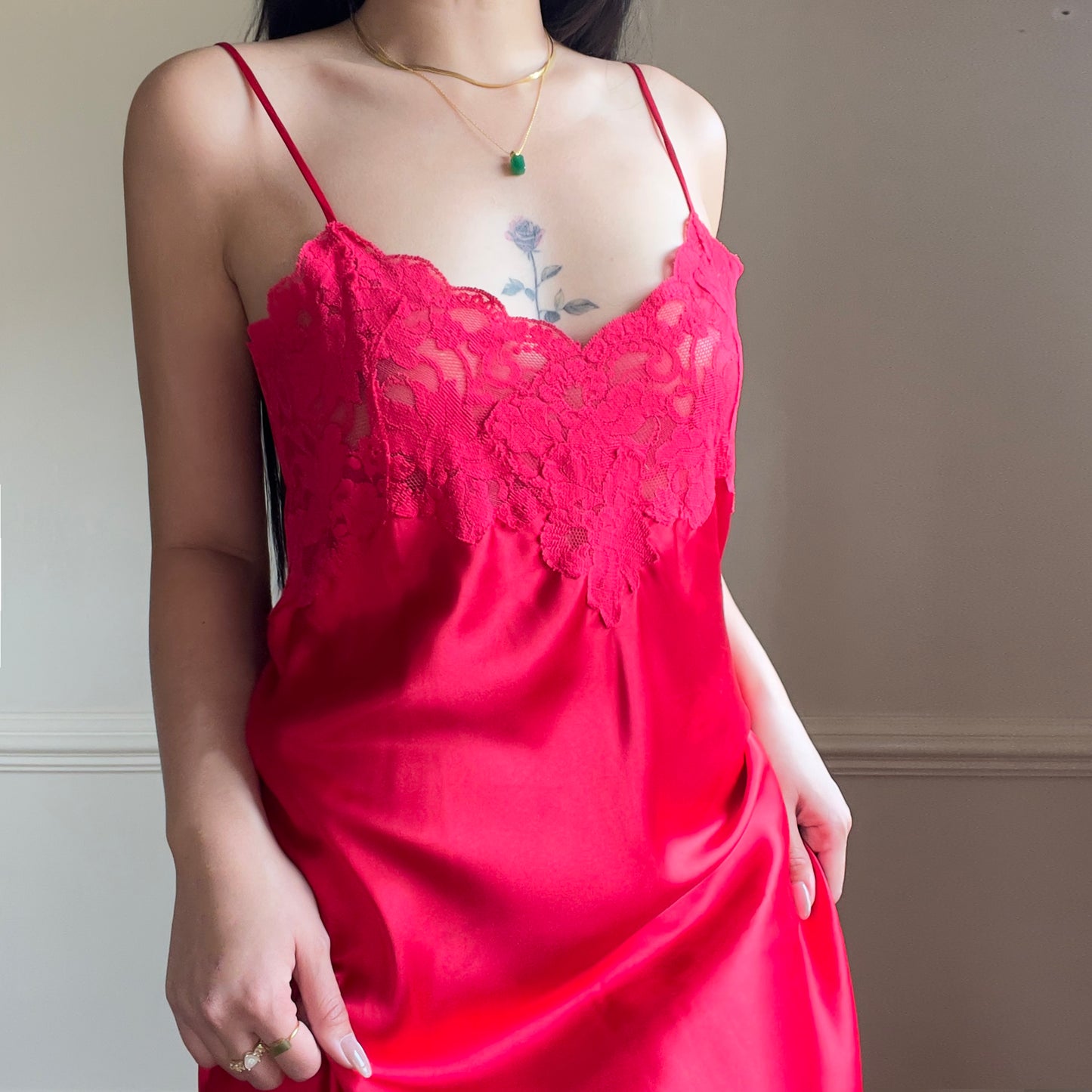 Vintage Victoria’s Secret Y2k Red Maxi Slip Dress featuring Rosette Lace Embroidery Bustier