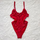 Romantic Red Bodysuit featuring Ruffled Lace Trimmings