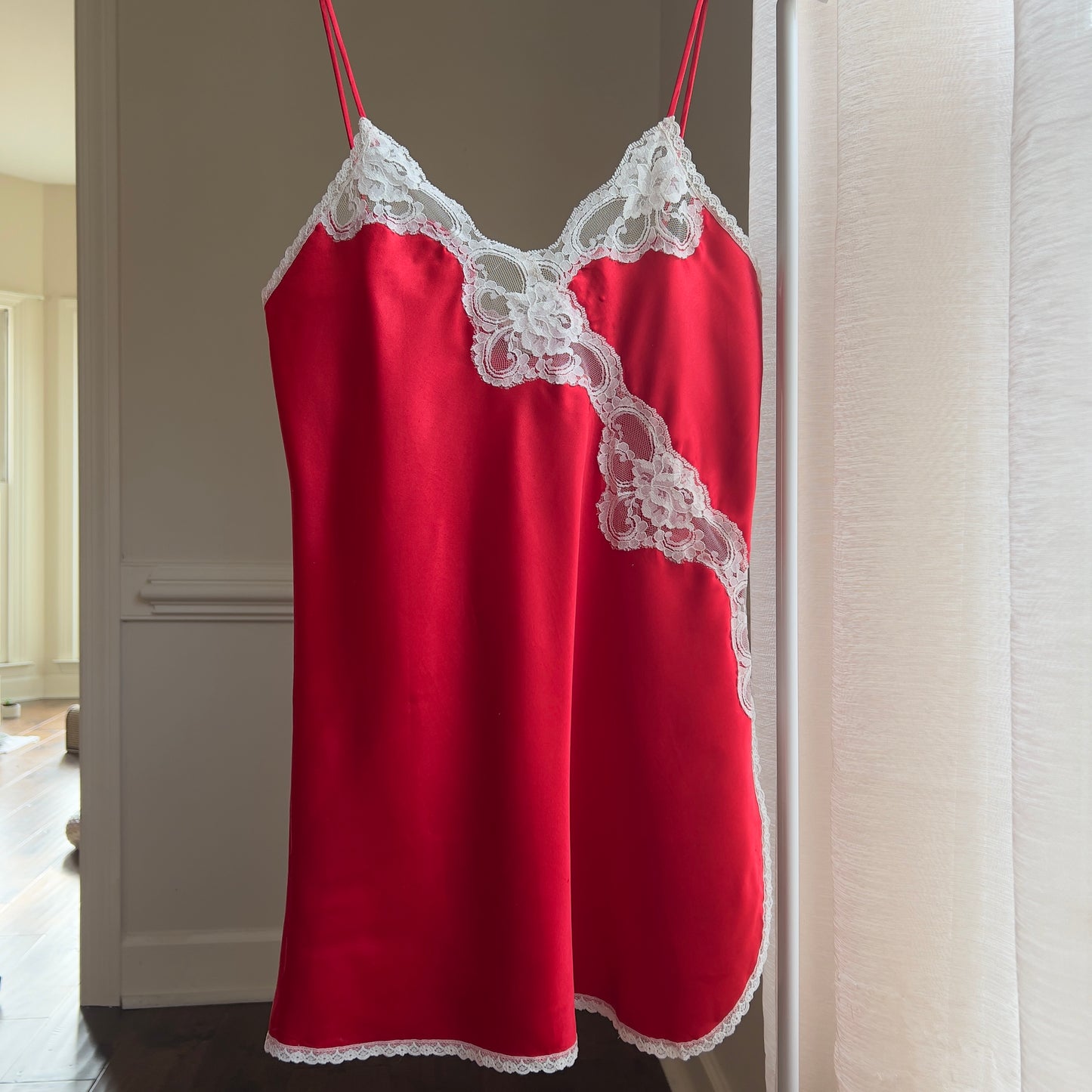 Stunning Satin Red Silk Slip Dress featuring Paisley Lace Cutout