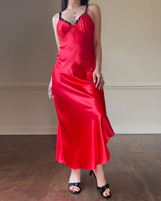 Vintage Valentino Garavani Stunning Satin Maxi Dress in Ruby Red